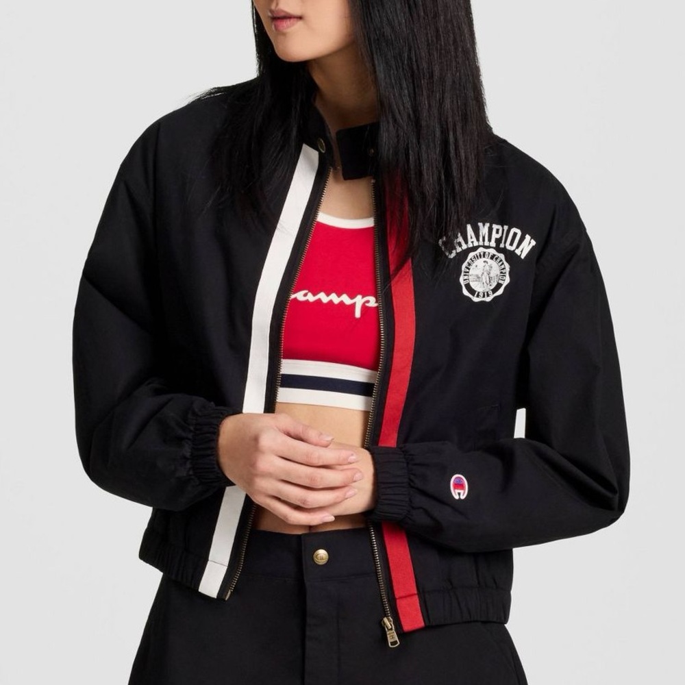 NWT $48 Champion Game Day Full Zip Top Black Cropped Jacket Red & White Trim